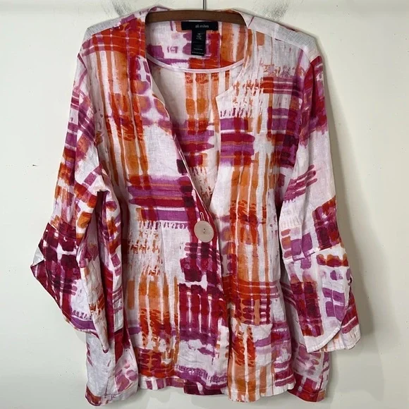 NWT ALI MILES Pink Tie Dye Linen Button Blazer Jacket Tulip Sleeve Size 1X - Picture 3 of 16